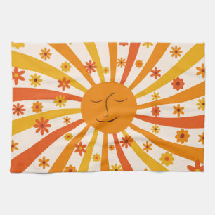 Retro-Sonne mit Hippie-Blumen Sonnenschein  Geschirrtuch