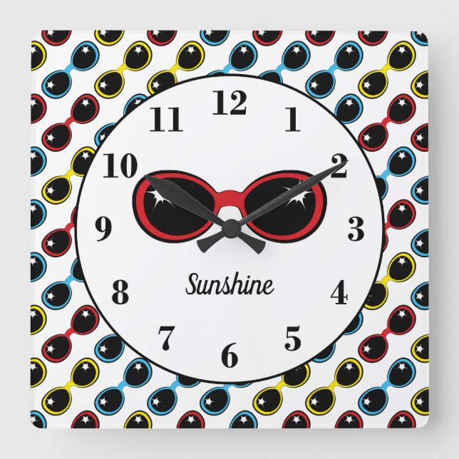 Retro-Sonnenbrille Rot Gelb Blau Personalisiert Quadratische Wanduhr (Vorderseite)