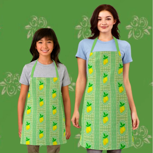 Retro Sonnengelbes Zitronengrün Gingham Karo Schürze (Fun vintage style lemon aprons, in 3 sizes.)
