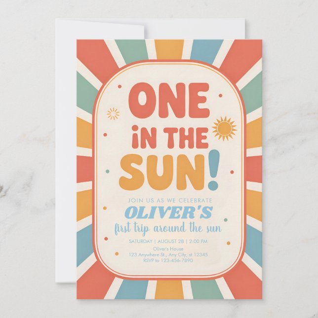 Retro-Sonnenlicht zum ersten Geburtstag Einladung (Vorderseite)