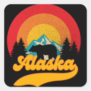 Retro Sonnenuntergang Alaska Juneau Bären Berge Wi Quadratischer Aufkleber