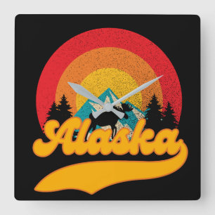 Retro-Sonnenuntergang Alaska Juneau Elch 0Berge Wi Quadratische Wanduhr