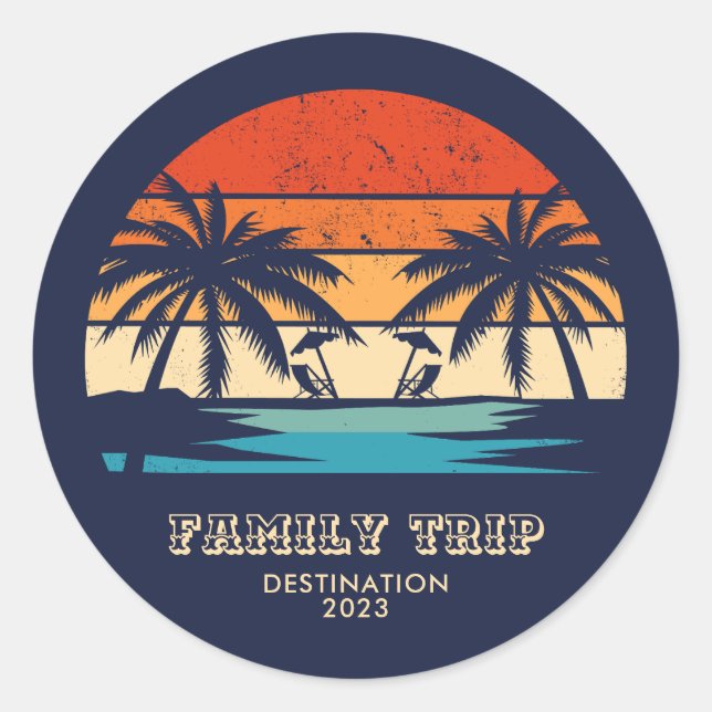 Retro Sonnenuntergang Familienausflug Beach Palm T Runder Aufkleber (Vorderseite)
