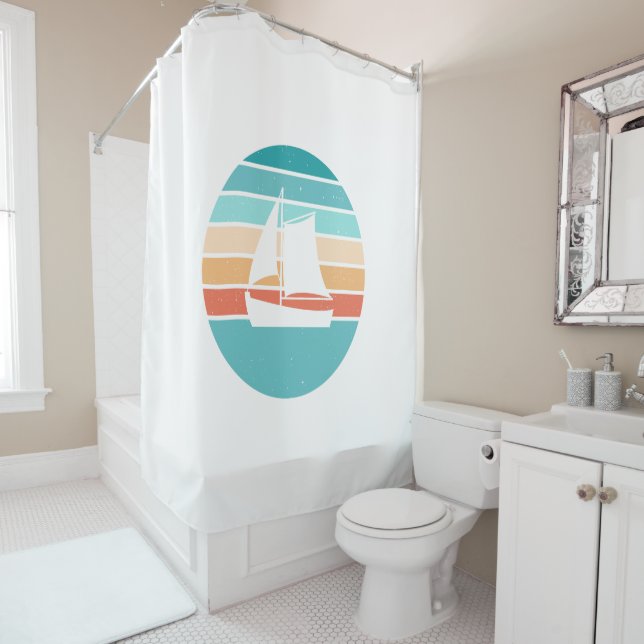 Retro Sonnenuntergang gestörter Effekt + Segelboot Duschvorhang (Beispiel)