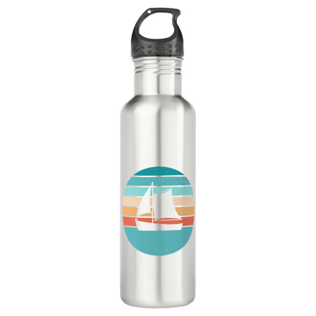 Retro Sonnenuntergang gestörter Effekt + Segelboot Edelstahlflasche (Vorderseite)