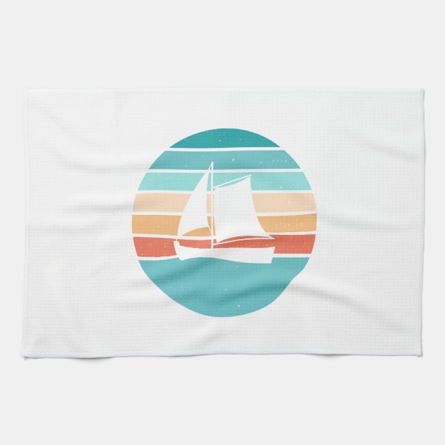 Retro Sonnenuntergang gestörter Effekt + Segelboot Geschirrtuch (Horizontal)