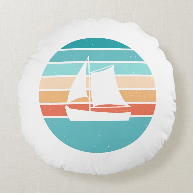 Retro Sonnenuntergang gestörter Effekt + Segelboot Rundes Kissen (Vorderseite)