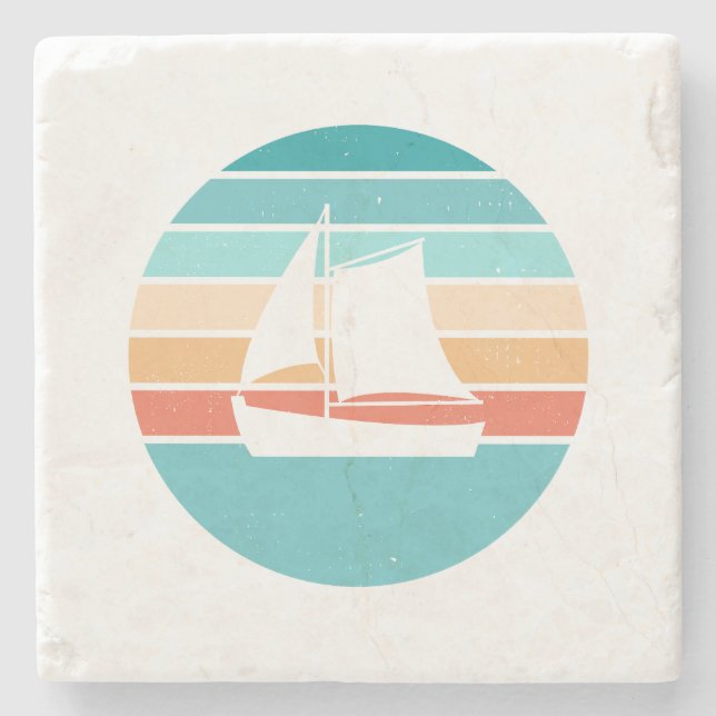 Retro Sonnenuntergang gestörter Effekt + Segelboot Steinuntersetzer (Vorderseite)