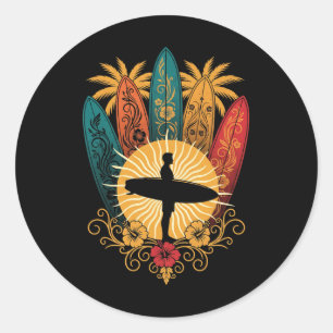 Retro Sonnenuntergang Hawaii Welle Surfbrett Surfe Runder Aufkleber