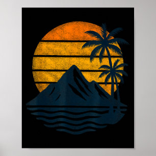 Retro Sonnenuntergang Palmen Berge Meer Strand Poster