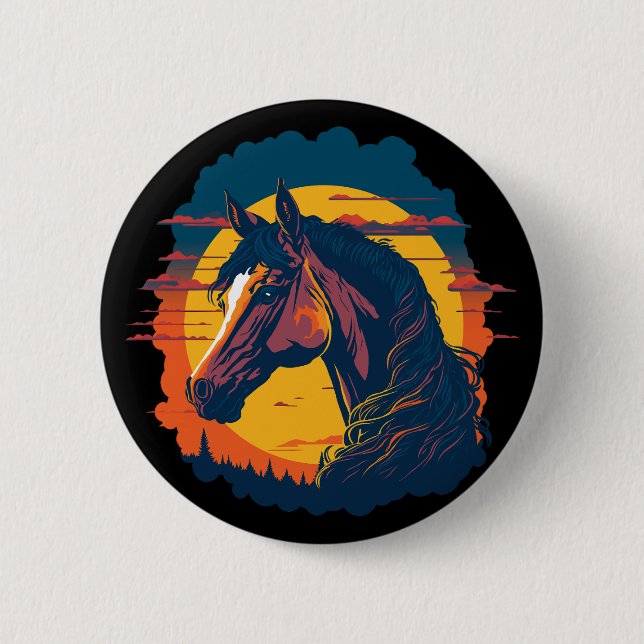 Retro-Sonnenuntergang und Pferdekopf Button (Vorderseite)