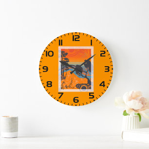 Retro-Sonnenuntergang-Waldlandschaft-Abstrakt Große Wanduhr