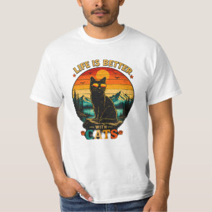 Retro-Sonnenuntergangs-Katzen-Shirt, schwarzes Vin T-Shirt