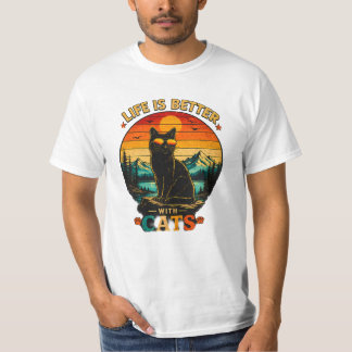 Retro-Sonnenuntergangs-Katzen-Shirt, schwarzes Vin T-Shirt