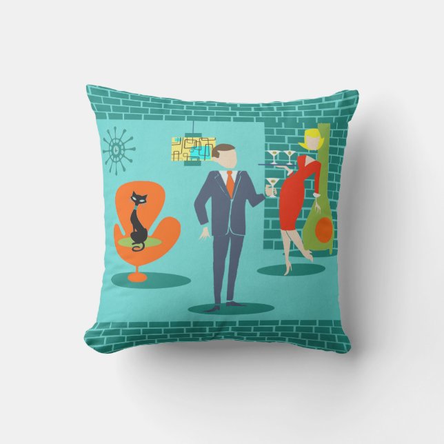 Retro Space Age Cartoon Couple Outdoor Pillow Kissen Für Draußen (Vorderseite)