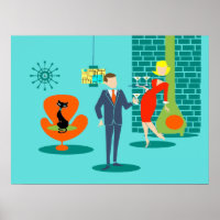 Retro Space Age Cartoon Couple Poster