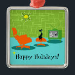 Retro Space Age Kitty Christmas Ornament<br><div class="desc">It is said that dogs have owners and cats have staff. The feline on this Customizable Retro Space Age Kitty Christmas Ornament couldn't agree more! The 1960's style, minimalist art design feature a sleek, black cat in a mid century modern living room. The sophisticated room prominently feature a green, stone...</div>