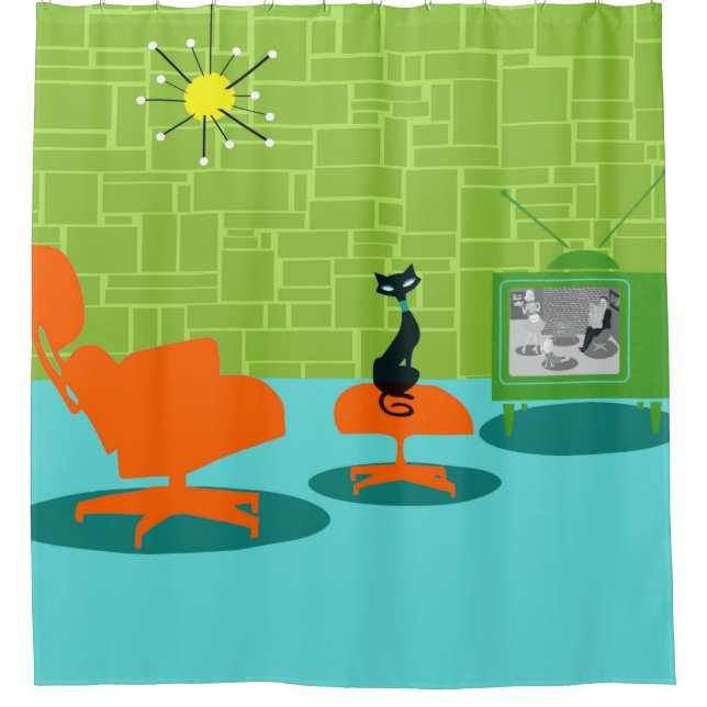 Retro Space Age Kitty Duschvorhang (Vorderseite)