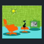 Retro Space Age Kitty Poster<br><div class="desc">Es heißt, dass Hunde Besitzer haben und Katzen Mitarbeiter haben. Die Feline auf diesem Retro Space Age Kitty Poster konnte nicht mehr zustimmen! Das minimalistische Design der 60er Jahre besticht durch eine elegante, schwarze Katze in einem modernen Wohnzimmer aus der Mitte des Jahrhunderts. Das elegante Zimmer besticht durch eine grüne...</div>