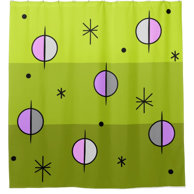 Retro Space Age Planets Stars Chartreuse Duschvorhang (Vorderseite)