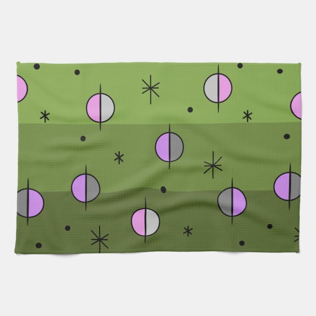 Retro Space Age Planets Stars Grün Geschirrtuch (Horizontal)