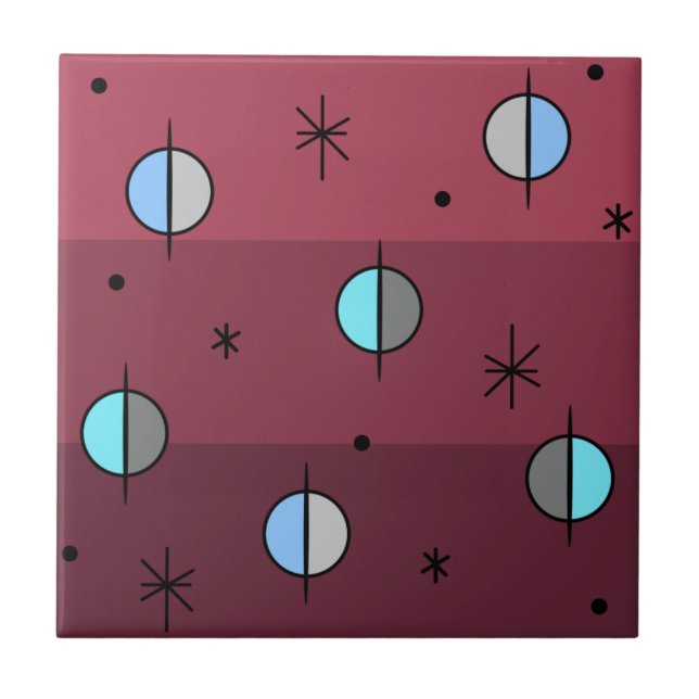 Retro Space Age Planets Stars Maroon Fliese (Vorderseite)