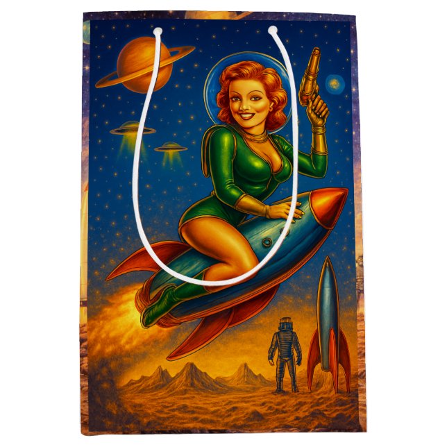 Retro Space Pin-Up Sci-Fi Girls Mittlere Geschenktüte (Vorderseite)