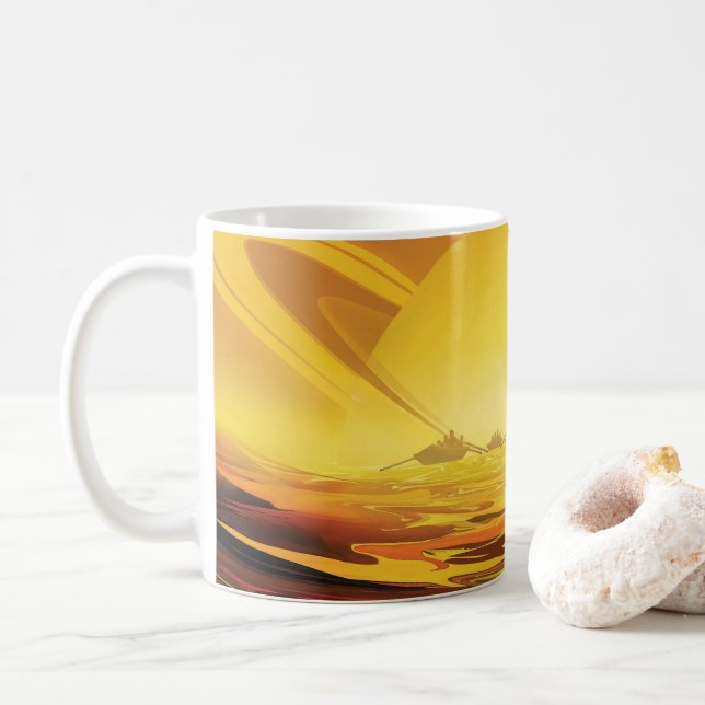Retro Space Poster-Saturns Größter Mond, Titan. Kaffeetasse (Mit Donut)