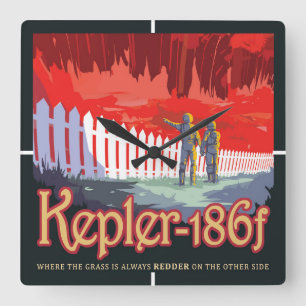 Retro Space Poster von Kepler-186f. Quadratische Wanduhr