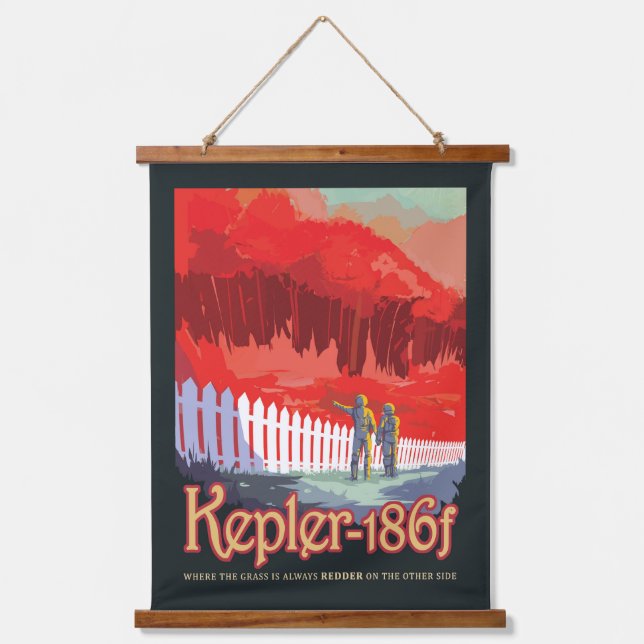 Retro Space Poster von Kepler-186f. Wandteppich Mit Holzrahmen (Vorderseite)