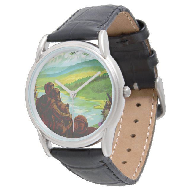 Retro Space Travel Poster-an-Earth Science Mission Armbanduhr (Schrägansicht)