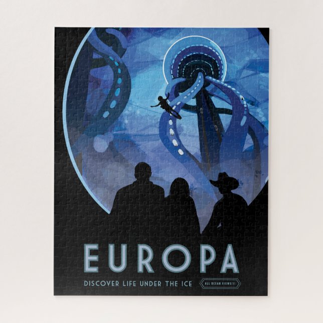 Retro Space Travel Poster - Jupiter's Moon Europa. (Vertikal)