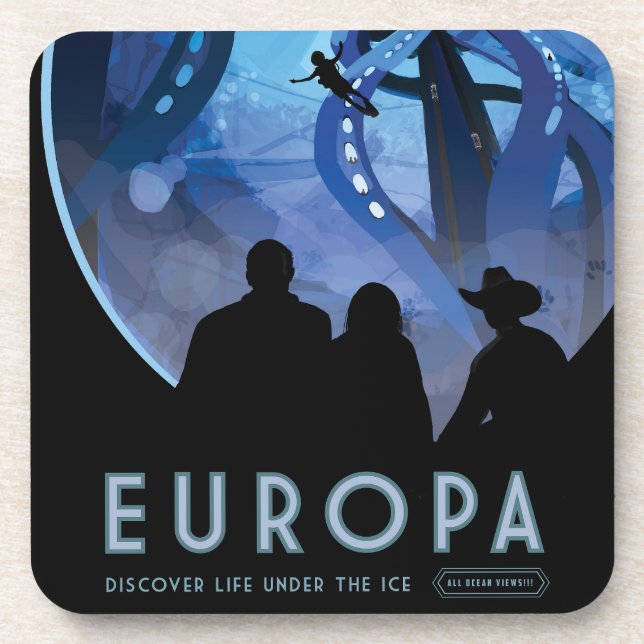Retro Space Travel Poster - Jupiter's Moon Europa. Getränkeuntersetzer (Vorderseite)