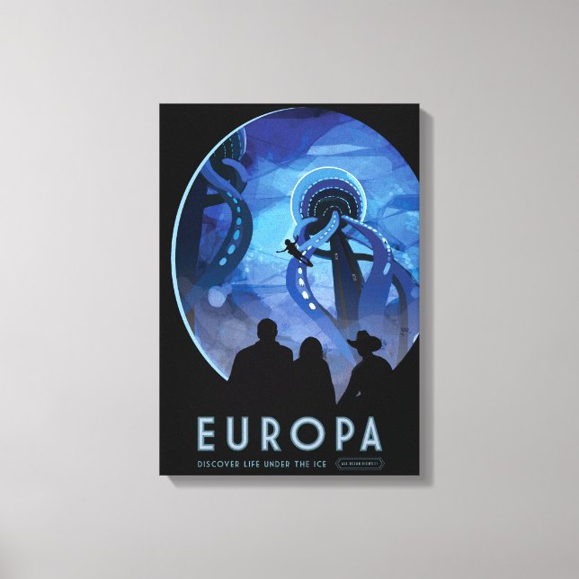 Retro Space Travel Poster - Jupiter's Moon Europa. Leinwanddruck (Vorderseite)