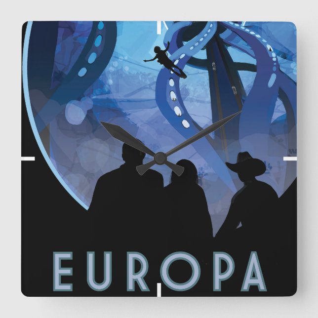 Retro Space Travel Poster - Jupiter's Moon Europa. Quadratische Wanduhr (Vorderseite)