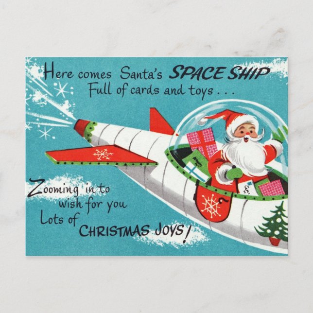Retro Spaceship Weihnachten Postkarte (Vorderseite)
