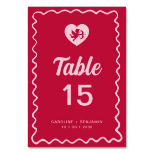 Retro-Spaß-Welliges Rahmen-Rot-Rosa-Cupid-Hochzeit Tischnummer