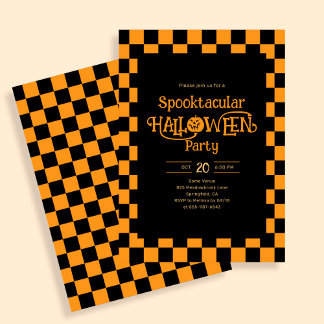 Retro Spooktacular Halloween Checkered Orange Einladung