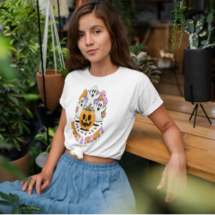 Retro Spooky Groovy Ghosts Pumpkin Halloween T-Shirt