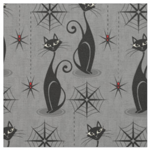 Retro Spooky Katzen und Spinnen auf gestörtem Grau Stoff