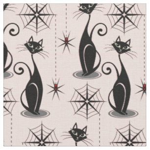 Retro Spooky Katzen und Spinnen auf Rosa Stoff