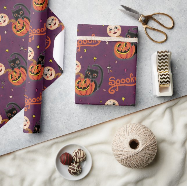 Retro Spooky Kitten Pumpkin Moons auf dunklen Lila Geschenkpapier (Kunsthandwerk)