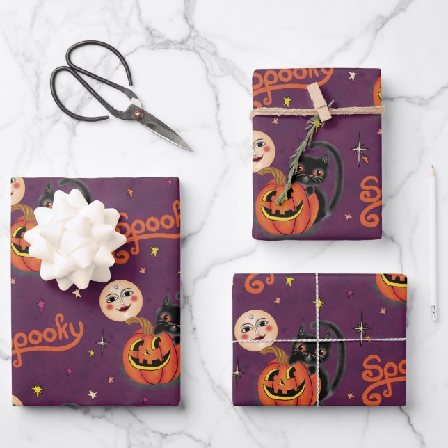 Retro Spooky Kitten Pumpkin Moons auf dunklen Lila Geschenkpapier Set (Vorderseite)