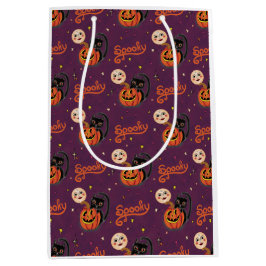Retro Spooky Kitten Pumpkin Moons auf dunklen Lila Mittlere Geschenktüte