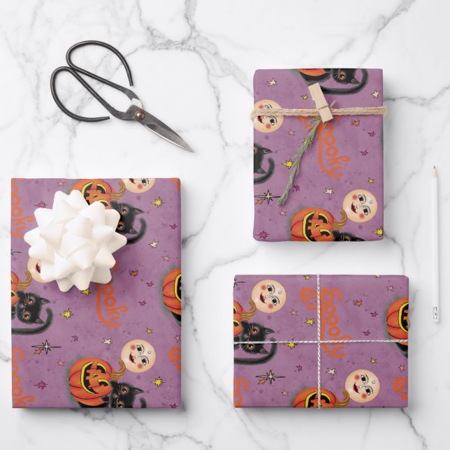 Retro Spooky Kitten Pumpkin Moons auf Lila Geschenkpapier Set (Vorderseite)