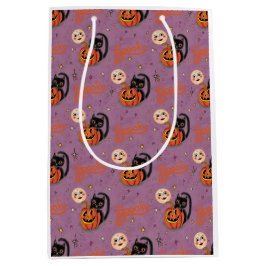 Retro Spooky Kitten Pumpkin Moons auf Lila Mittlere Geschenktüte