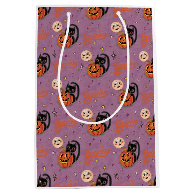 Retro Spooky Kitten Pumpkin Moons auf Lila Mittlere Geschenktüte (Vorderseite)