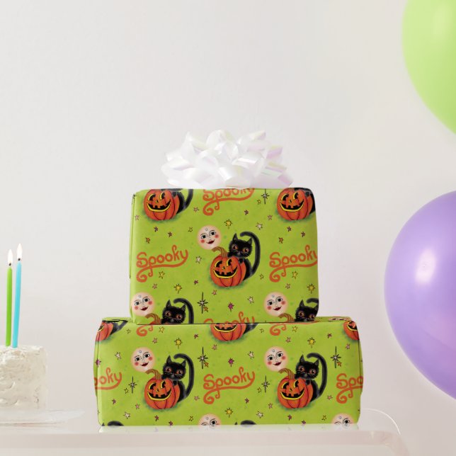 Retro Spooky Kitten Pumpkin Moons on Lime Green Geschenkpapier (Partygeschenke)