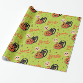 Retro Spooky Kitten Pumpkin Moons on Lime Green Geschenkpapier