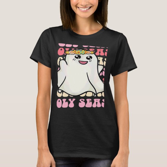 Retro Spooky Vibes Groovy Cute Ghost Halloween Tea T-Shirt (Vorderseite)